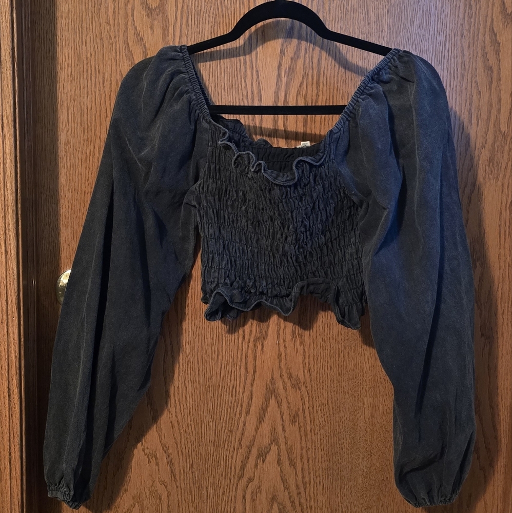 POL Black Smocked Cropped Blouse 3/4 Sleeve